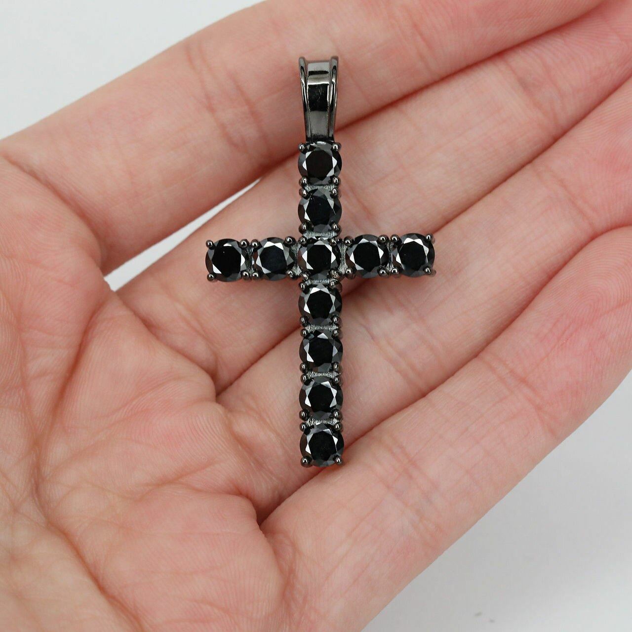 Tennis Chain W. Cross Solid Real 925 Sterling Silver 4mm Black CZ 1 Row