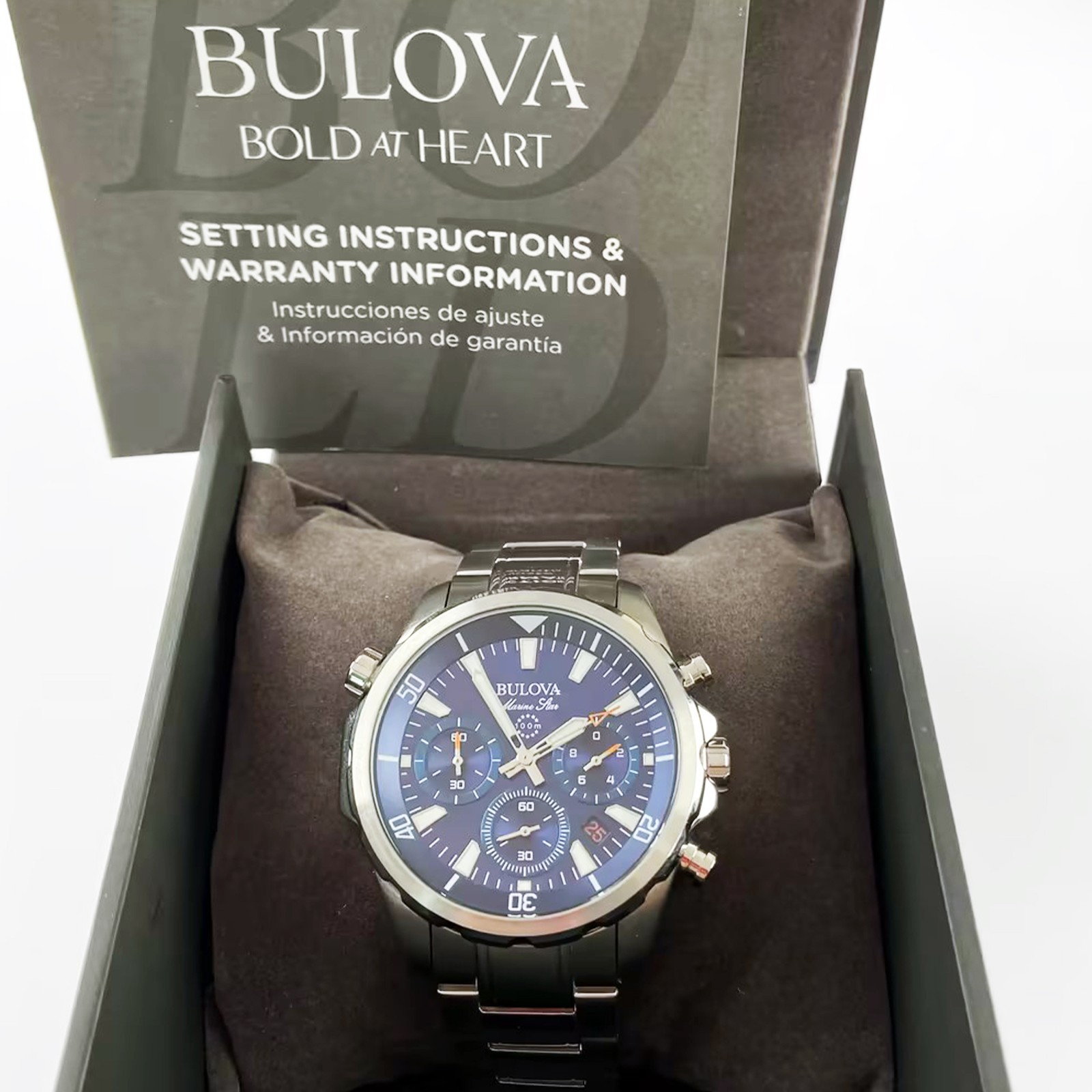 Bulova Marine Star Men Blue Dial Silver Steel Chronograph 96B256 Watch 43mm