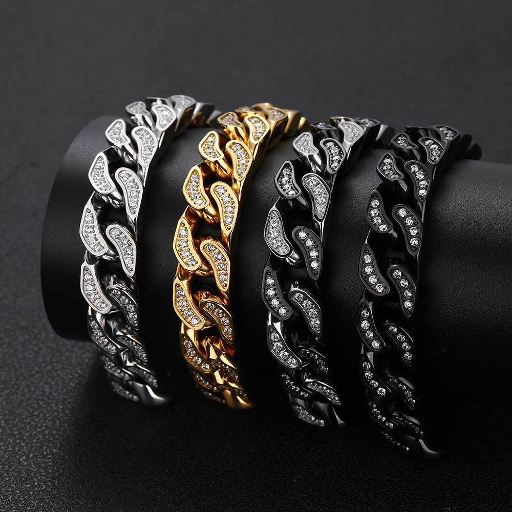 Steel Cuban Link Chain Necklace Full Zircon Mens Jewelry 12mm Hip Hop Stainless