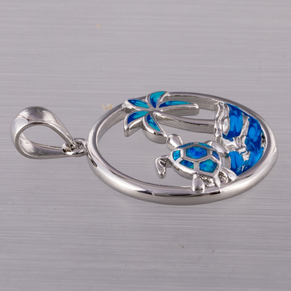 Sea Turtle Palm Tree Ocean Blue Fire Opal Silver Jewelry Necklace Pendant