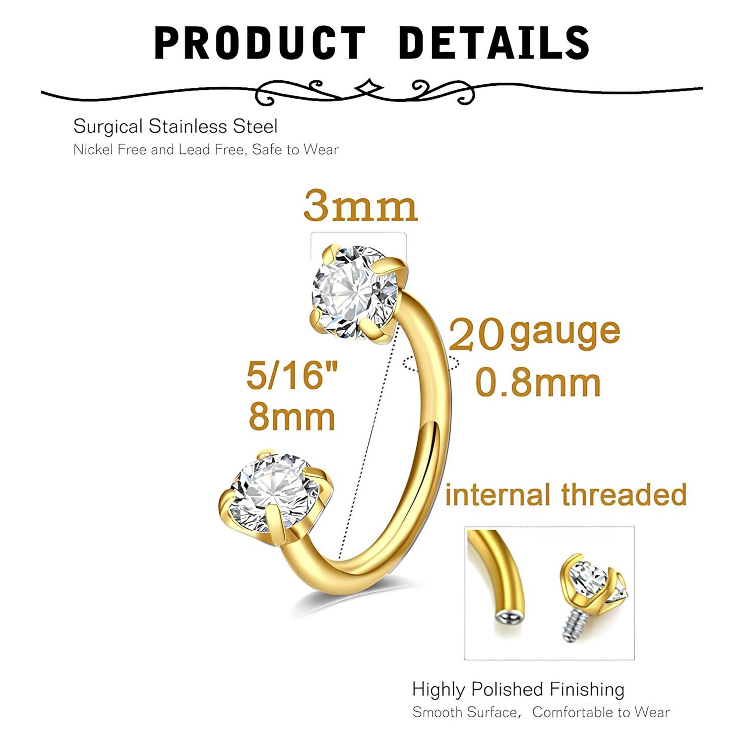 20g Nose Rings Hoop C Shape Nose Studs Stainless Steel Nose Screw Bone Flat Top