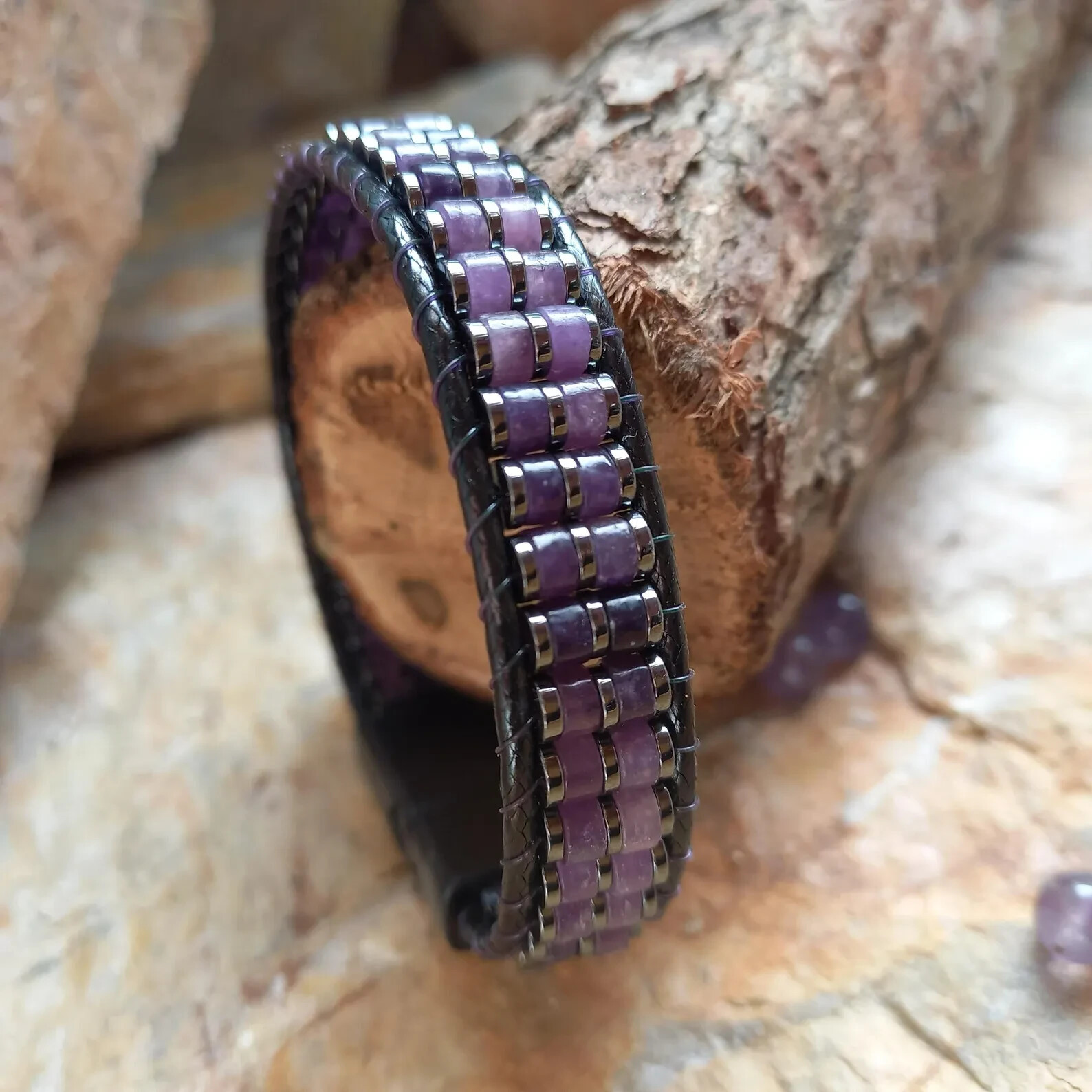 Natural Amethyst & Hematite Beads Purple Gemstone Strength Men Leather Bracelet