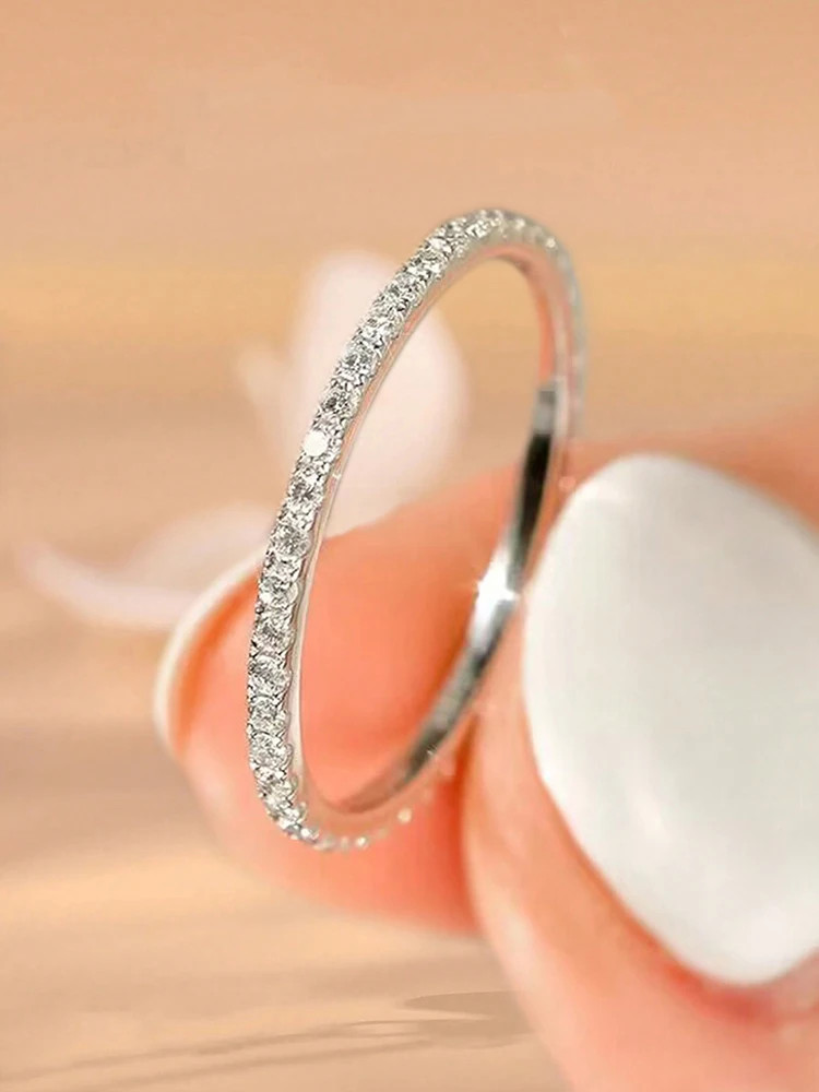 Stackable Plain Ring 925 Sterling Silver 1.4mm Full Zircon Wedding Band Jewelry