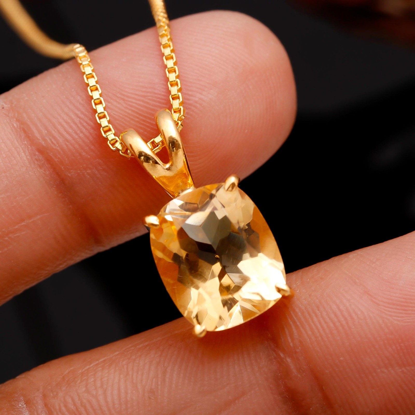 Natural Citrine Quartz Cushion Necklace Gold Fill 925 Sterling Silver Jewelry