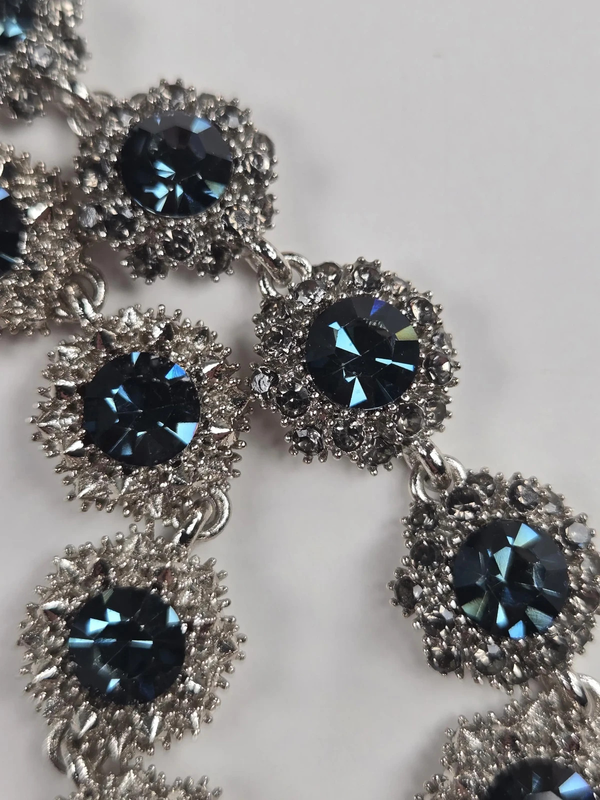 Blue Rhinestone Necklace Victorian Style 16 In Statement Special Occasion Silver