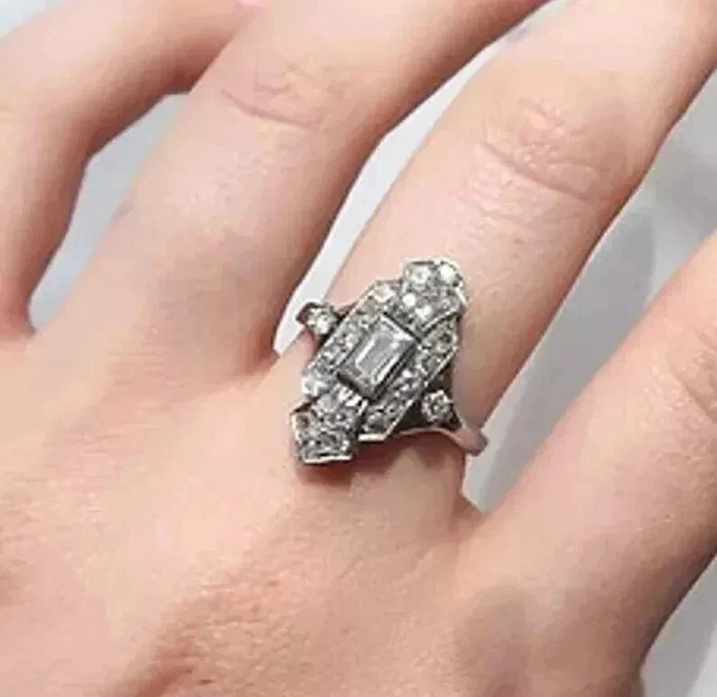 Art Deco Vintage Style Lab Created Diamond Engagement 14K White Gold Finish Ring