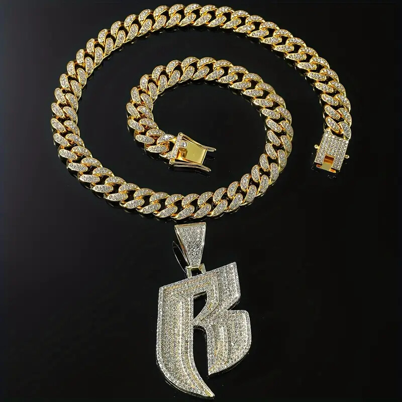 Ruff Ryder R Initial Large Pendant & Iced Cubic Zirconia Chain Hip Hop Necklace