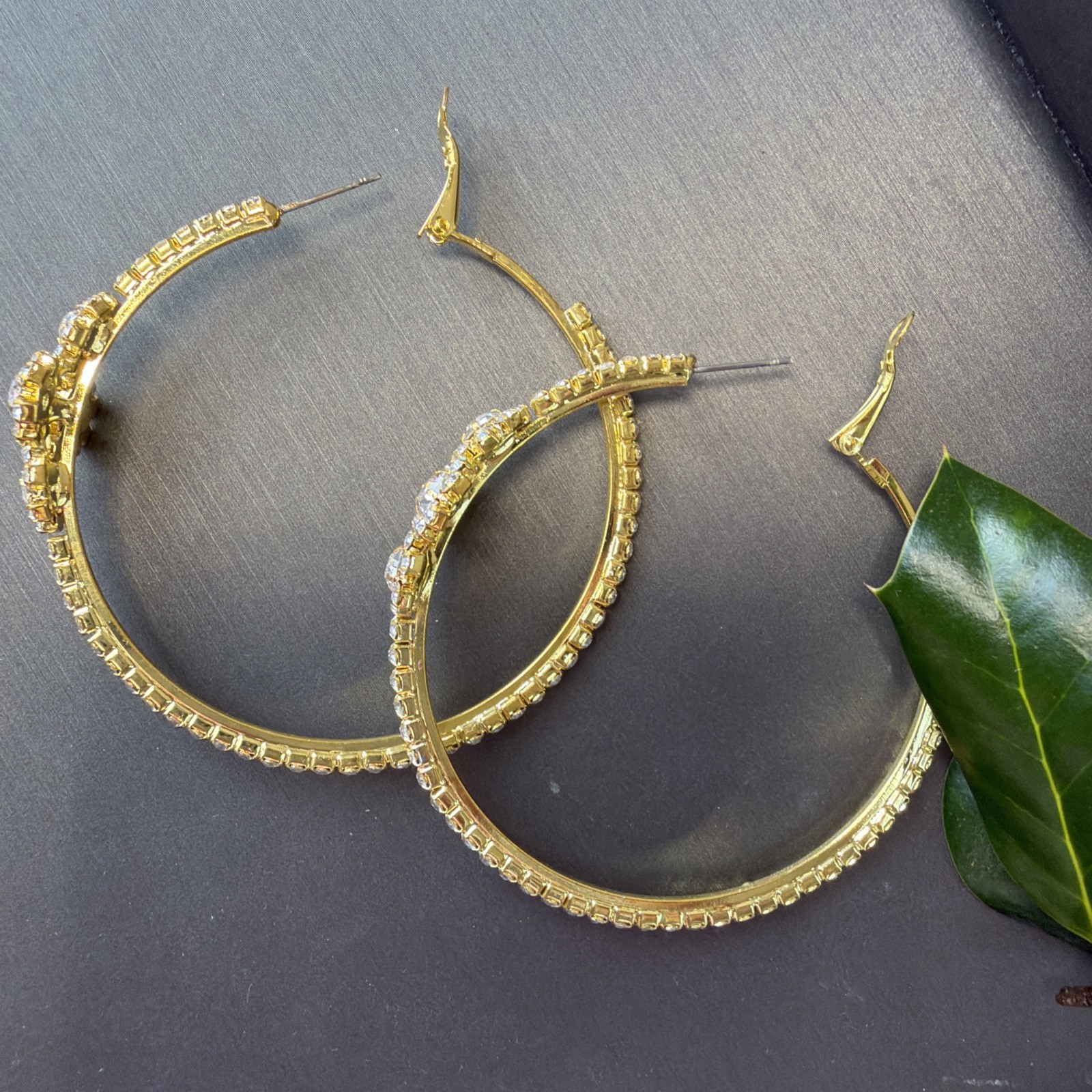 Gold Tone Rhinestone Hoop Earrings Large Statement Floral Cluster 2.5” Glam