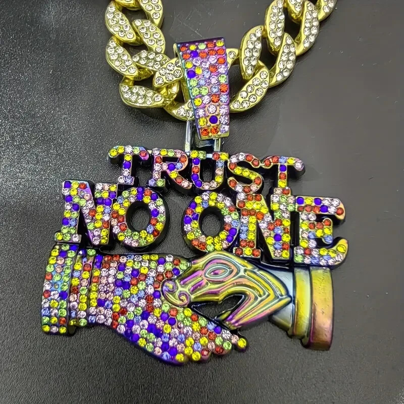 Hip Hop TRUST NO ONE Cubic Zirconia Pendant 18″ Iced Cuban Chain Bling Necklace