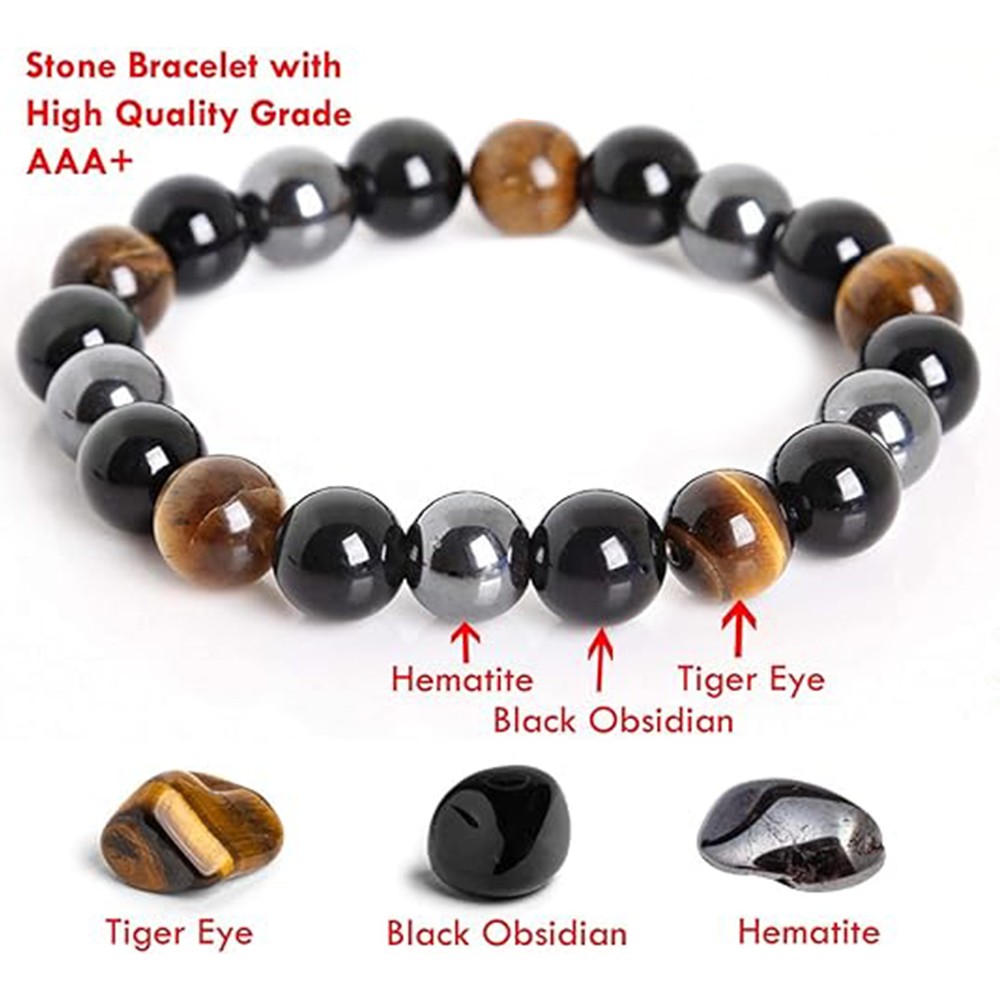 Natural Stone Hematite Tiger Eye Energy Healing Stretch Bracelet for Men Women