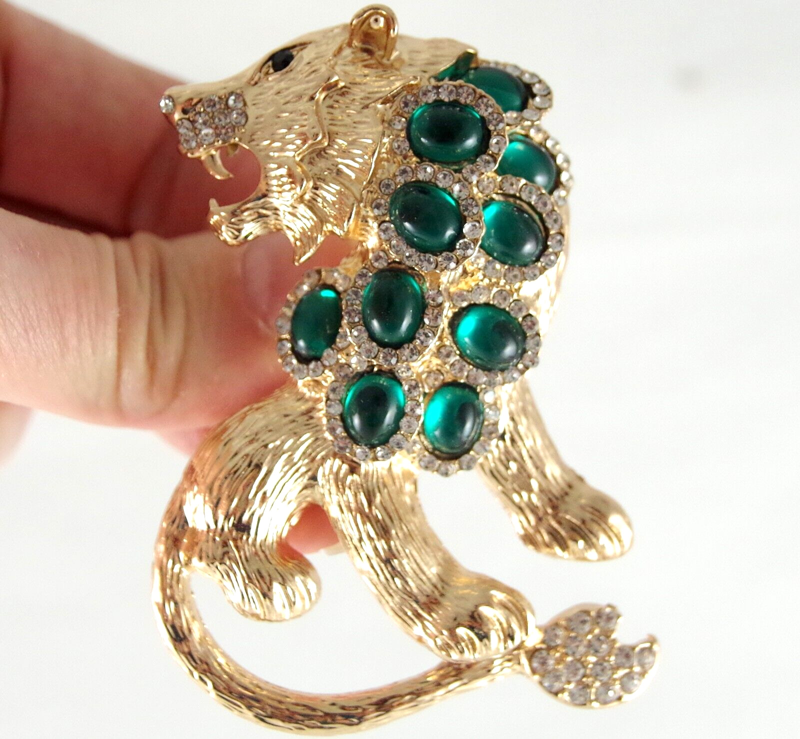 BIG 3″ NWOT UNSIGNED KENNETH JAY LANE STYLE RHINESTONE LION CAT PENDANT BROOCH