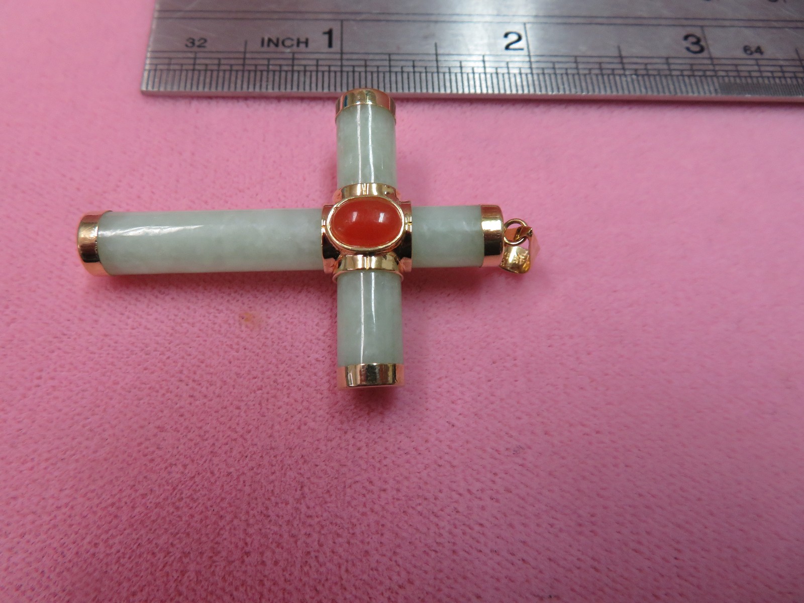 Large 14k Yellow Gold Green Orange Lavender Jade Cross Pendant 10 Grams