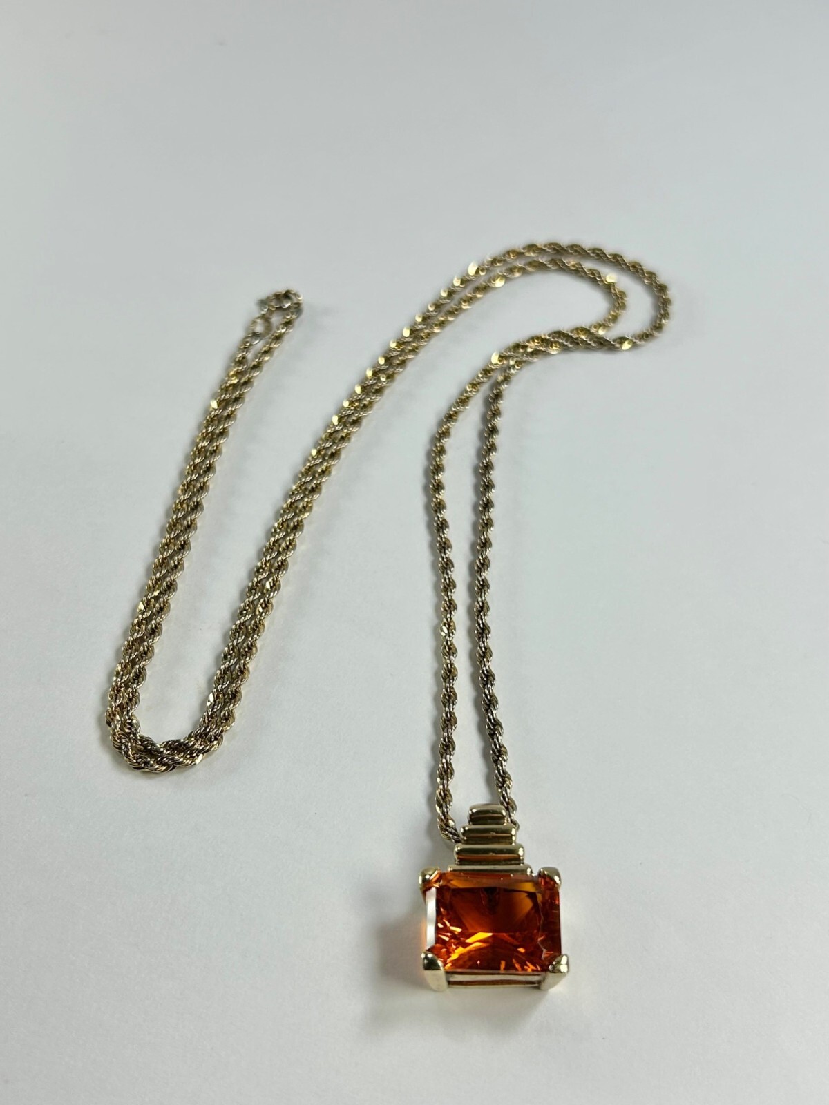 925 Sterling Silver Gold Vermeil Chain Necklace Orange Glass Pendant Statement