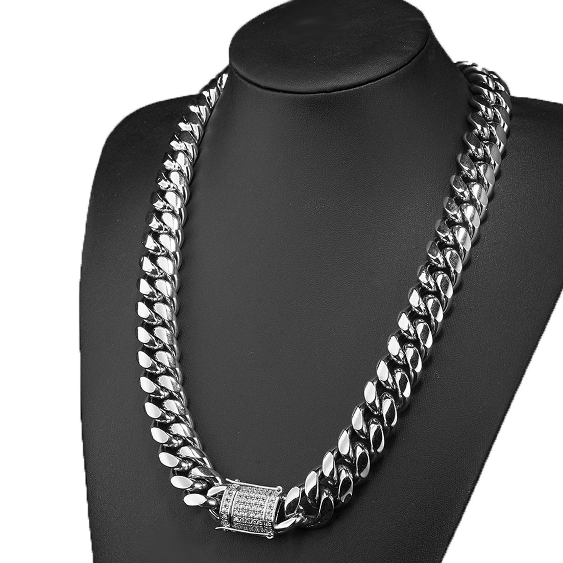 Miami Cuban Link Chain Necklace Rhinestone Clasp 18K Gold Plated Stainless Steel