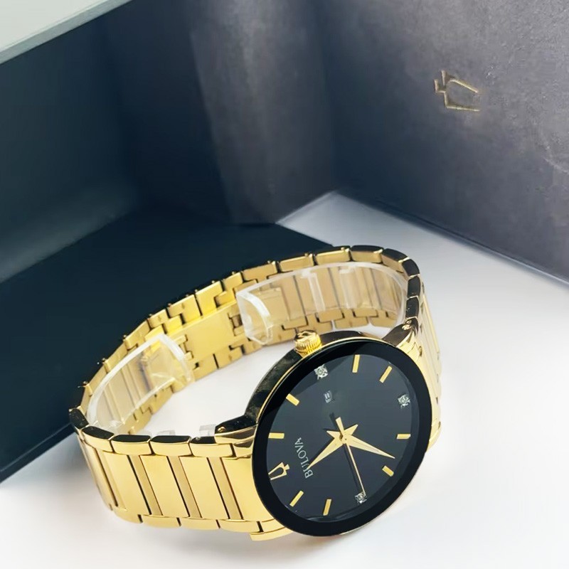 Bulova Futuro Modern 97D116 Black Diamond Dial Gold Band Quartz Men’s Watch 42MM