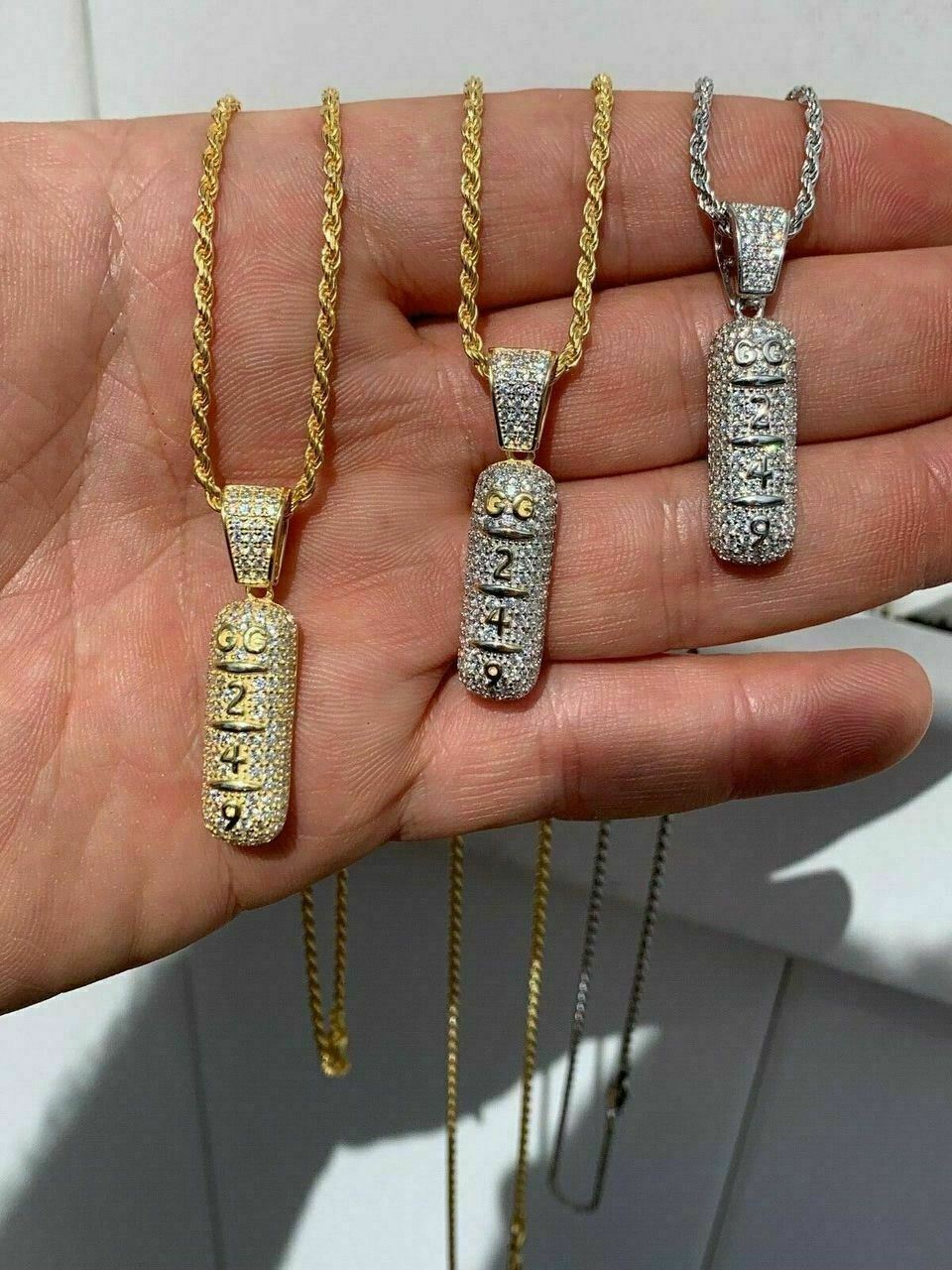 Solid 925 Silver 14k Gold Plated XANAX Pill Bar Pendant Necklace CZ Xan GG 249