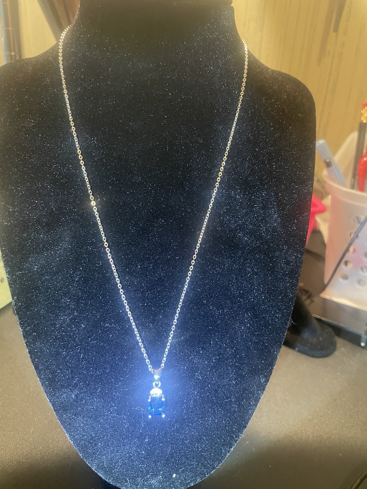 925 Silver Cable Chain Necklace w/ Round Blue Crystal Charm Pendant, Bezel Set