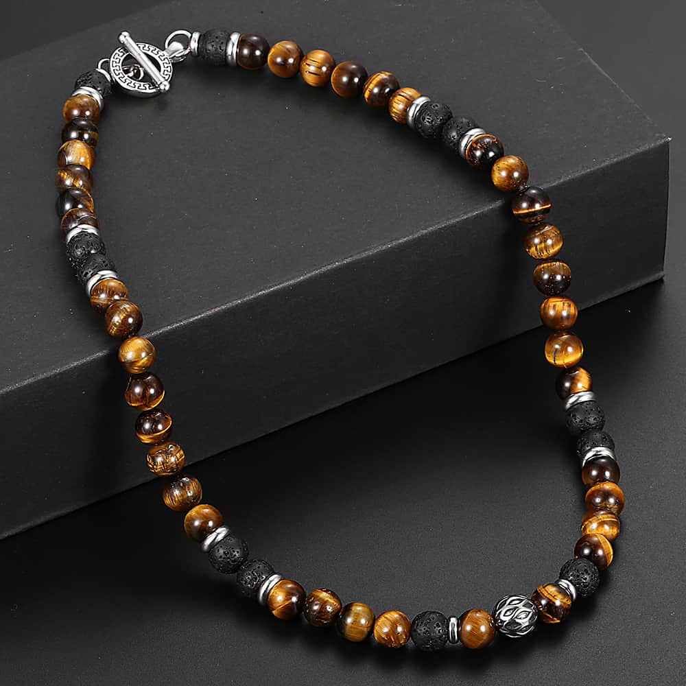Men’s 8mm Natural Tiger Eye Lava Bead Necklace Stainless Steel Toggle 18/20/24″