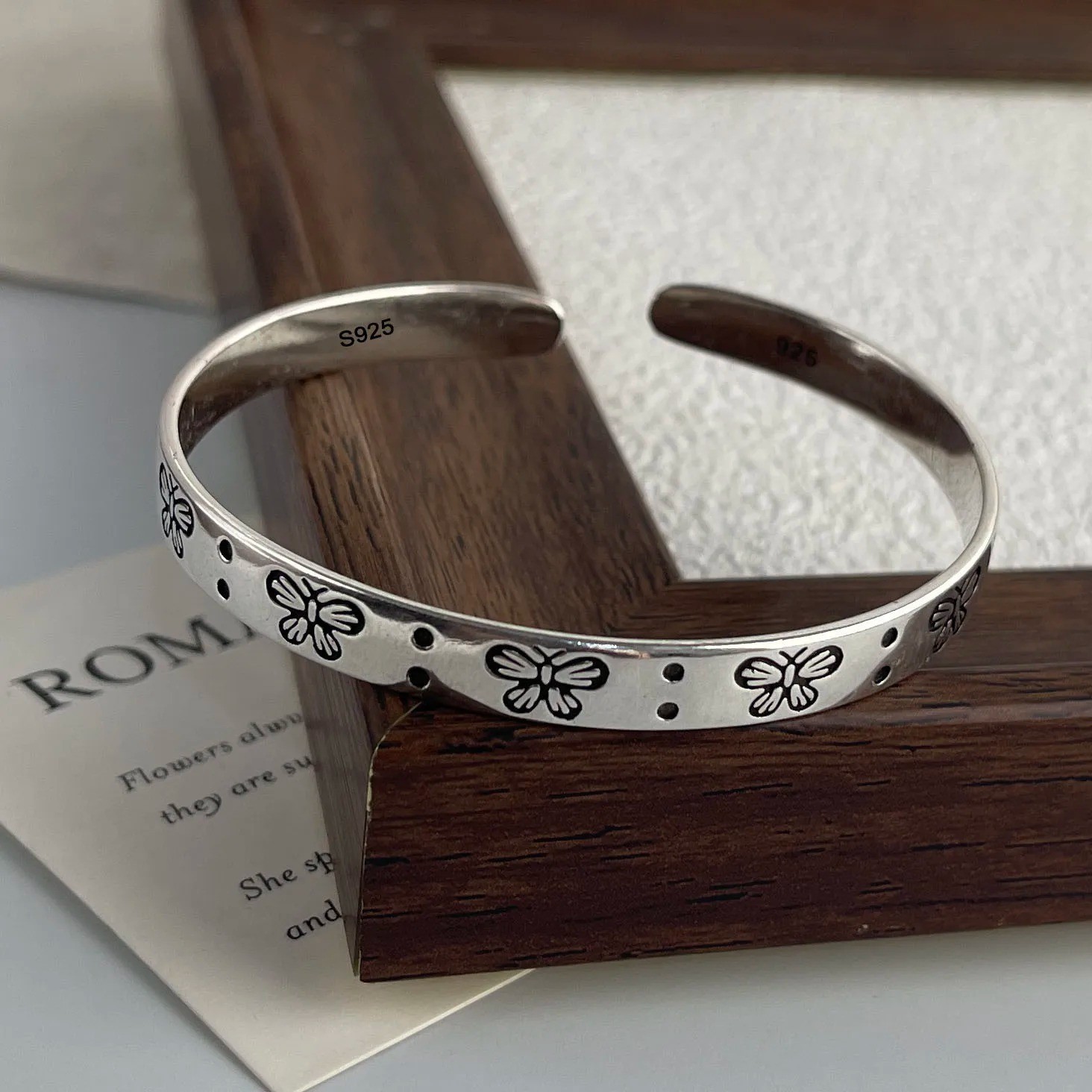 Women Cuff Bangle Vintage Flower Retro Rose Set Sterling Silver Jewelle Bracelet