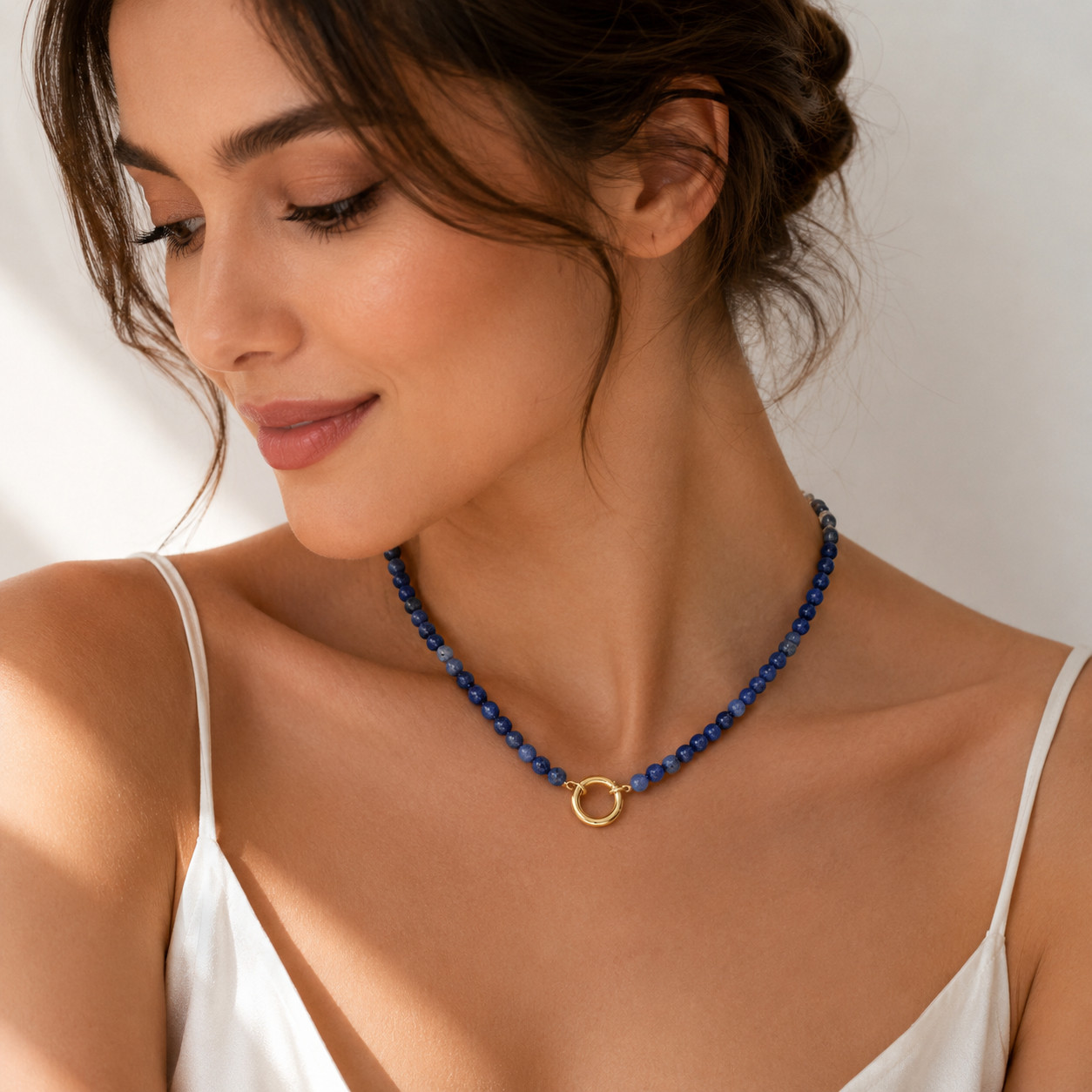 Blue Stone Bead Necklace 18K Gold Plated Charm Holder Customizable
