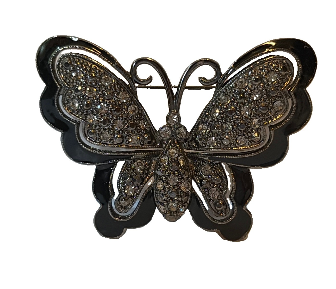 Beautiful Black Enamel & Rhinestone Butterfly Brooch Pin Pre-owned 2” X 1.5”