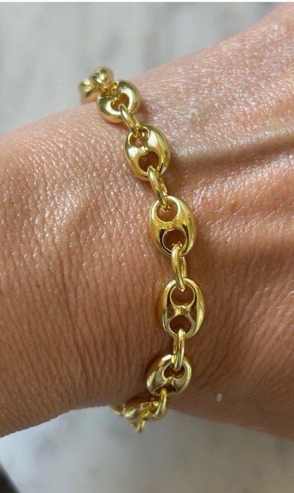 14k yellow Gold Plated Puffy Puffed Anchor Mariner Link Chain bracelet new 8mm