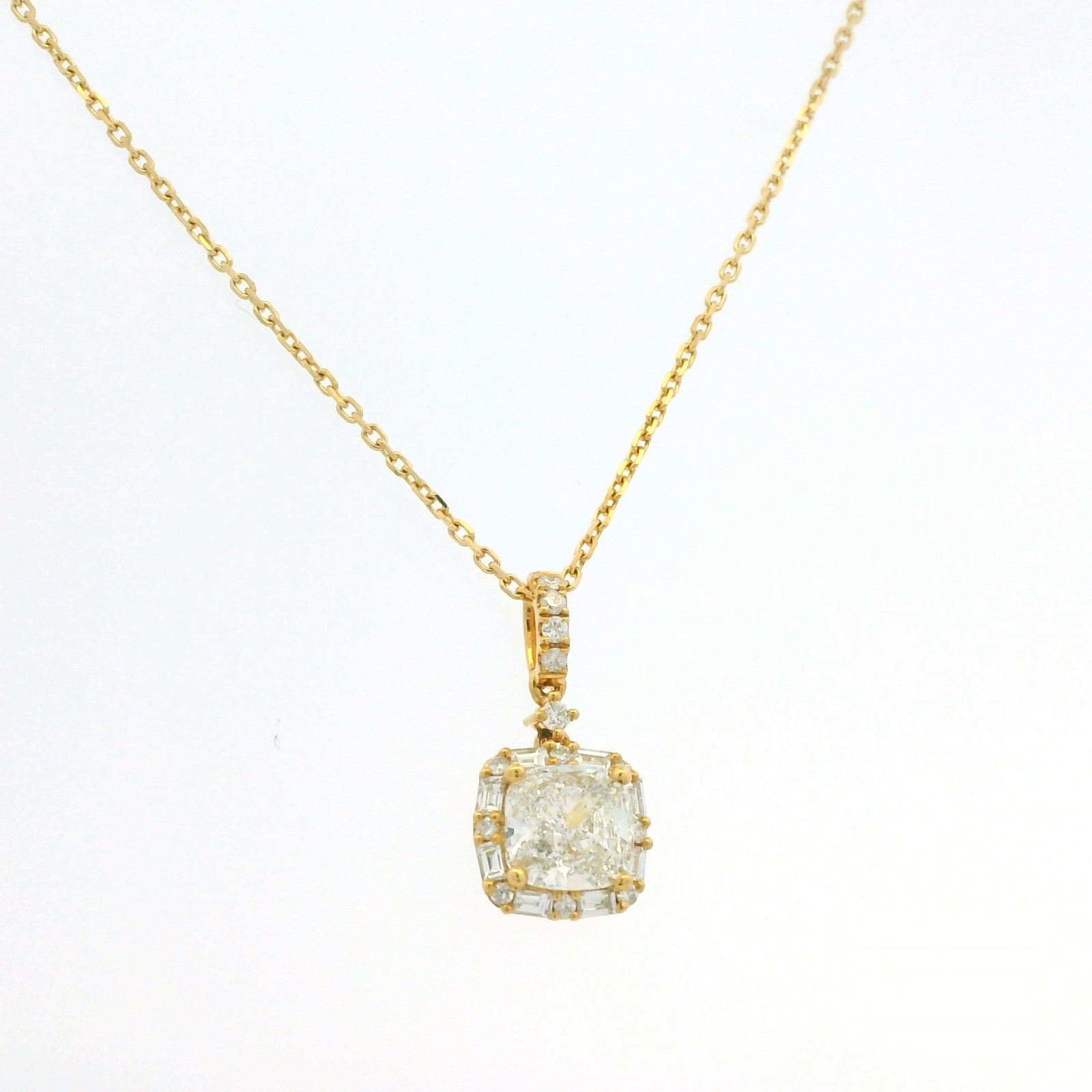 GIA 18K Yellow Gold 1.00 Carat Cushion Cut Diamond Halo Pendant Necklace