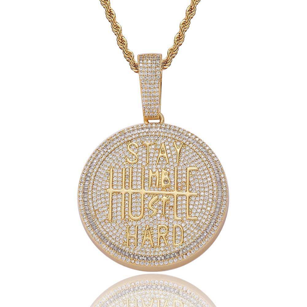 Hip Hop Big Round Letter Pendant Necklace Bling Full Zircon Real Gold Plated