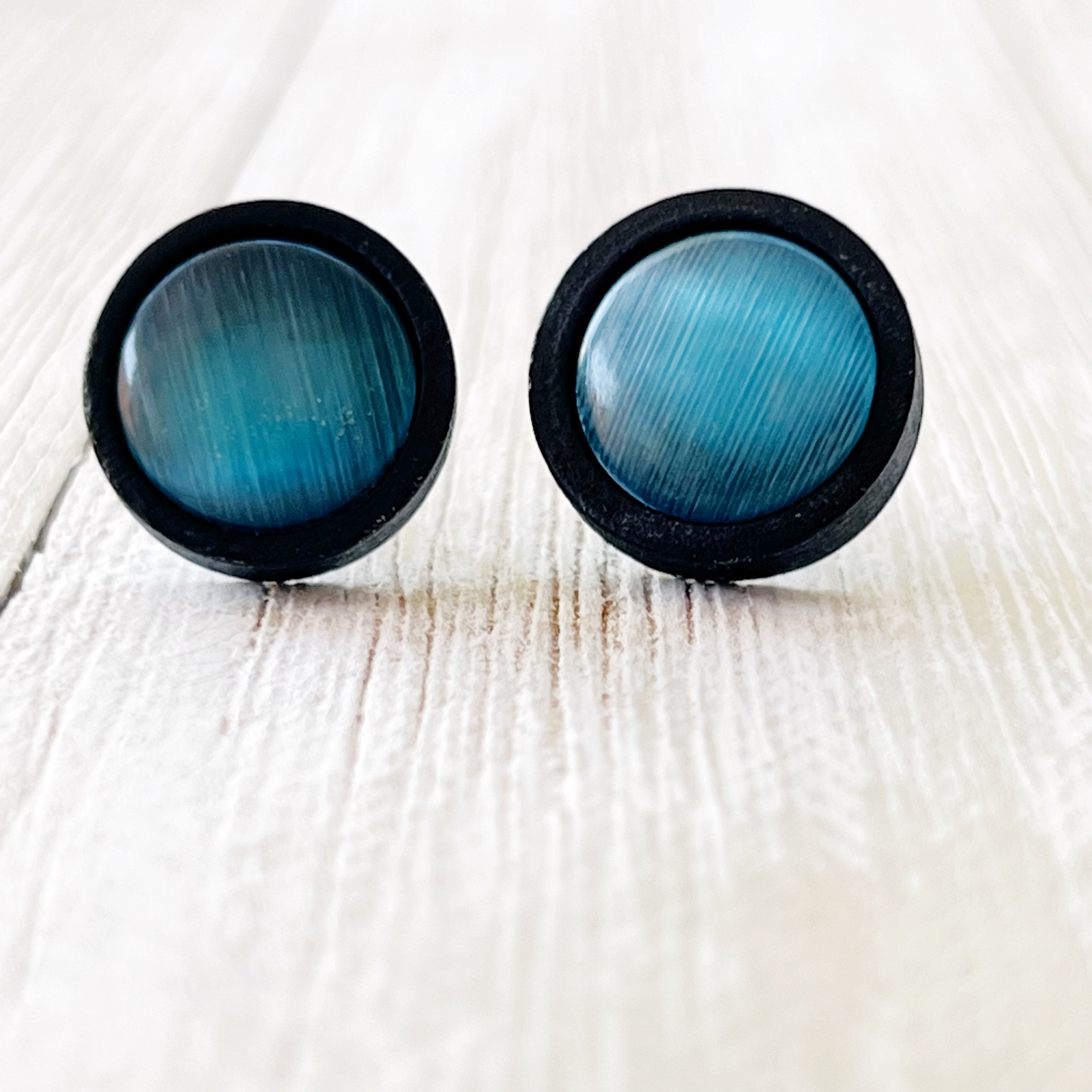 Natural Black Wood Blue Glass Stainless Steel Unisex Stud Earrings