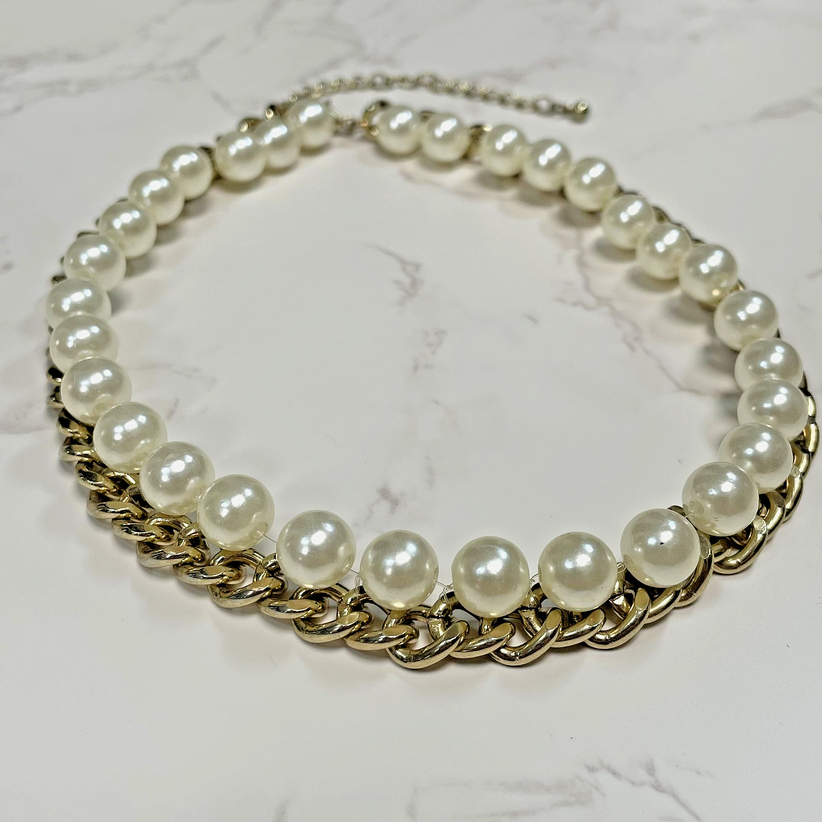 Gold Tone Faux Pearl Curb Chain Choker Necklace Chunky Statement Collar 14″