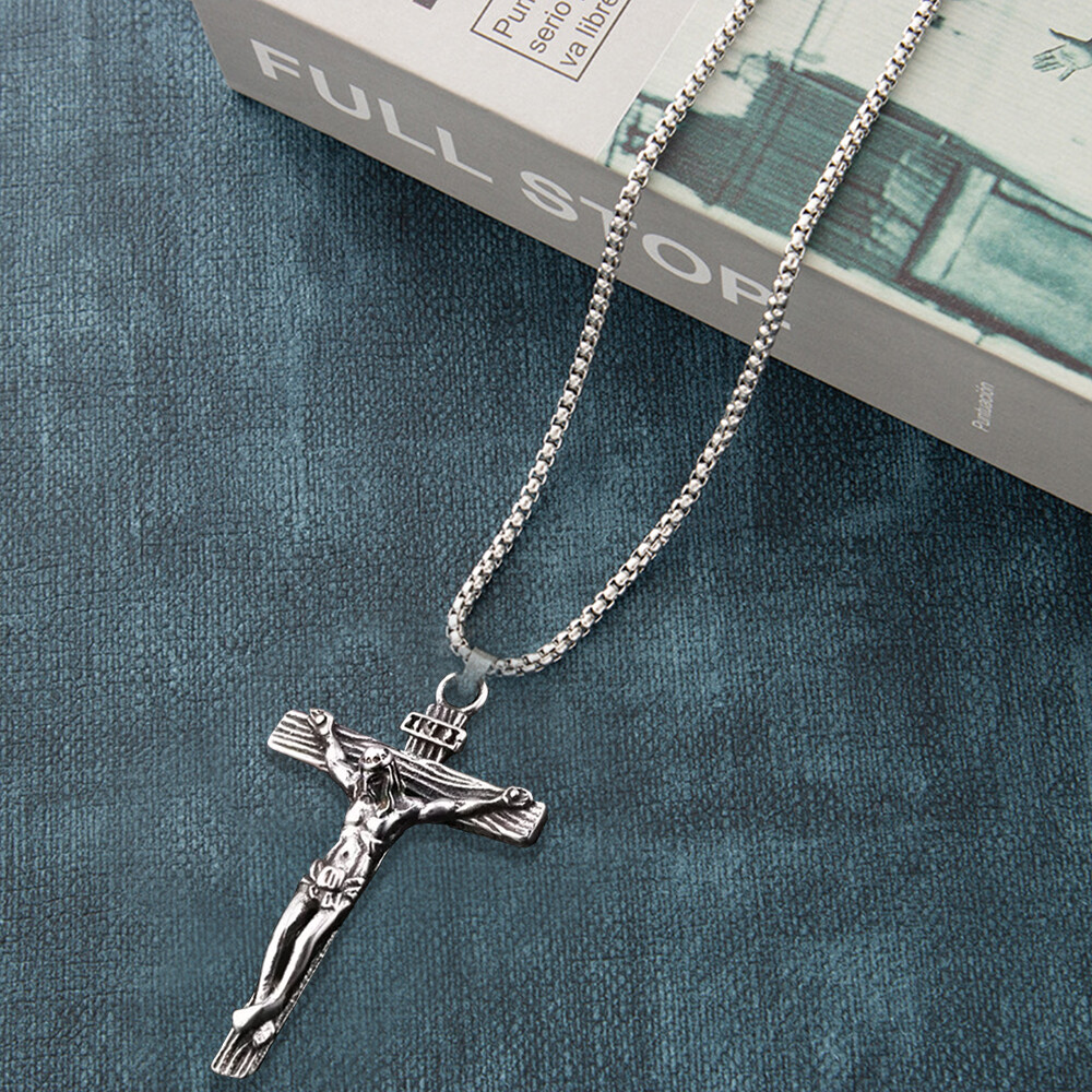 Men Stainless Steel Jesus Christ Crucifix Cross Pendant Chain Necklace