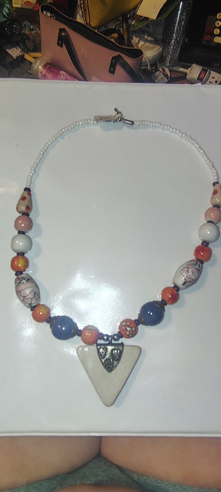 Bohemian Hand Painted Ceramic Beaded Statement Necklace Mixed Floral Motif