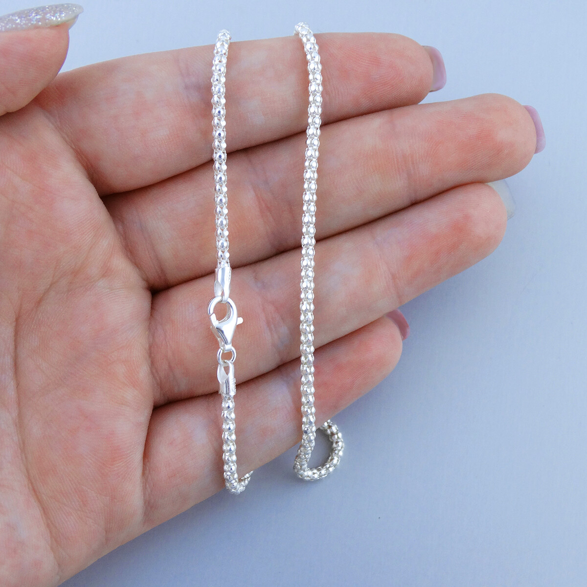 2.5mm Diamond Cut Popcorn Chain Necklace – 925 Sterling Silver – Italian 16- 30″