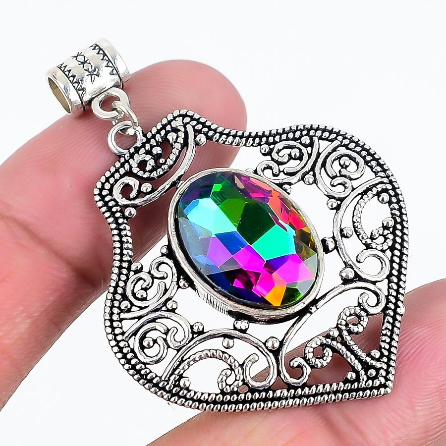 Mystic Topaz 925 Silver Plated Handmade Pendant of 2.2″