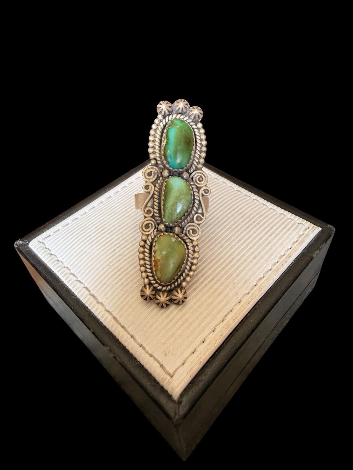 Beautiful Southwest Sterling Silver Triple Green Turquoise Ring See Description