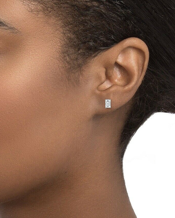 2 Ct Emerald Cut VVS1/D Lab Created Stud Earrings 14k White Gold 7mm Push Back