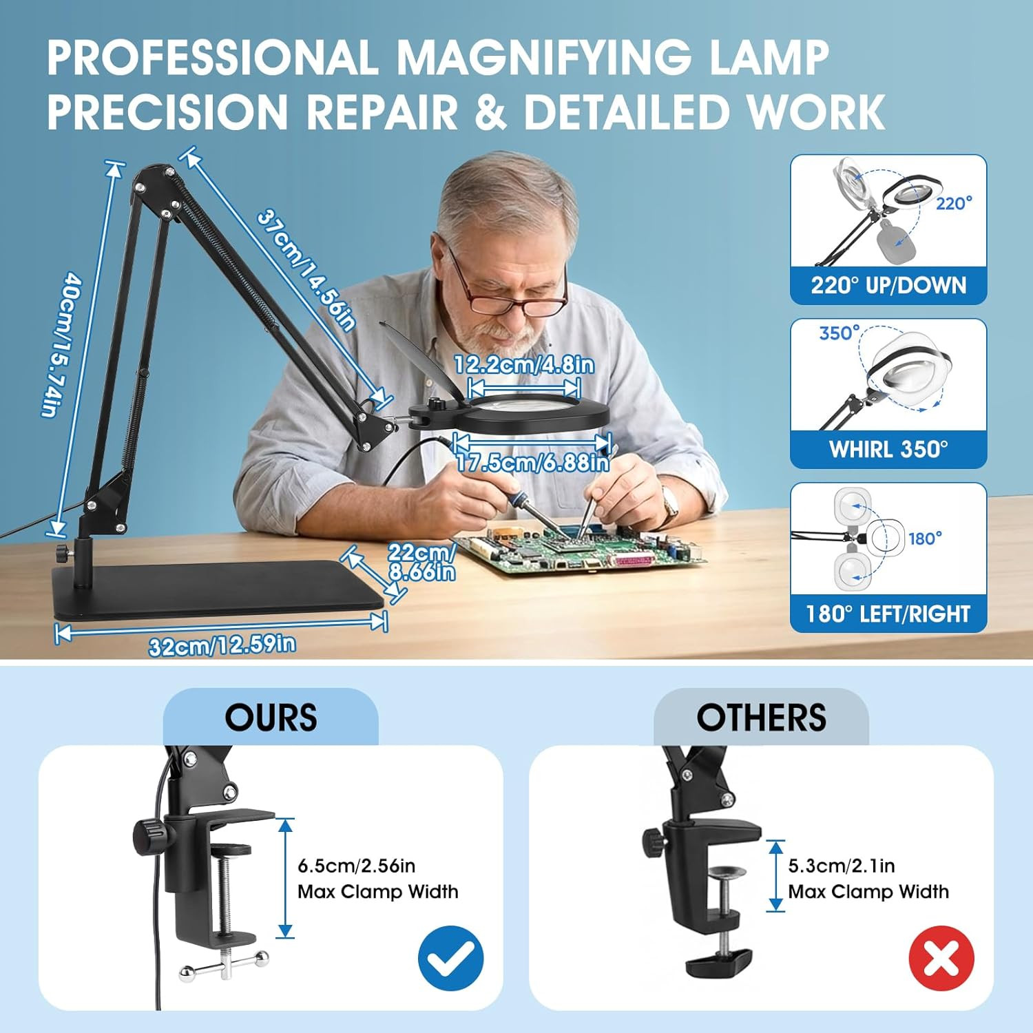 10X Magnifying Glass with Light and Stand：27 Inch Extra Long Arm Magnifying Lamp
