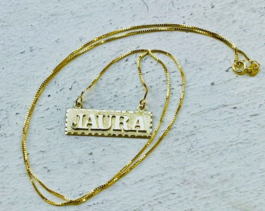 14K Authentic Yellow Gold Personalized Name Plate with Box Chain