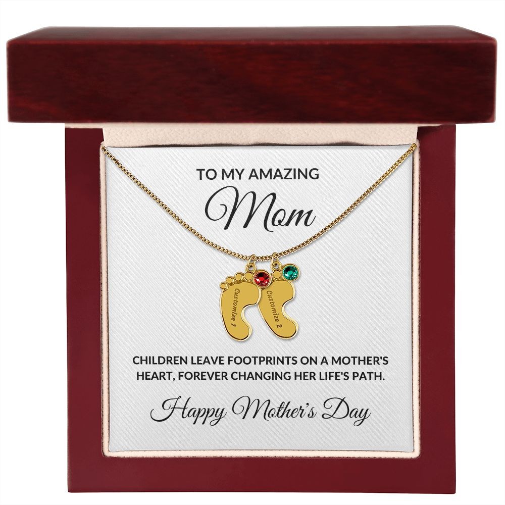 Mother’s Day Personalized Engraved Birthstone Necklace Baby Feet Gift for Mom