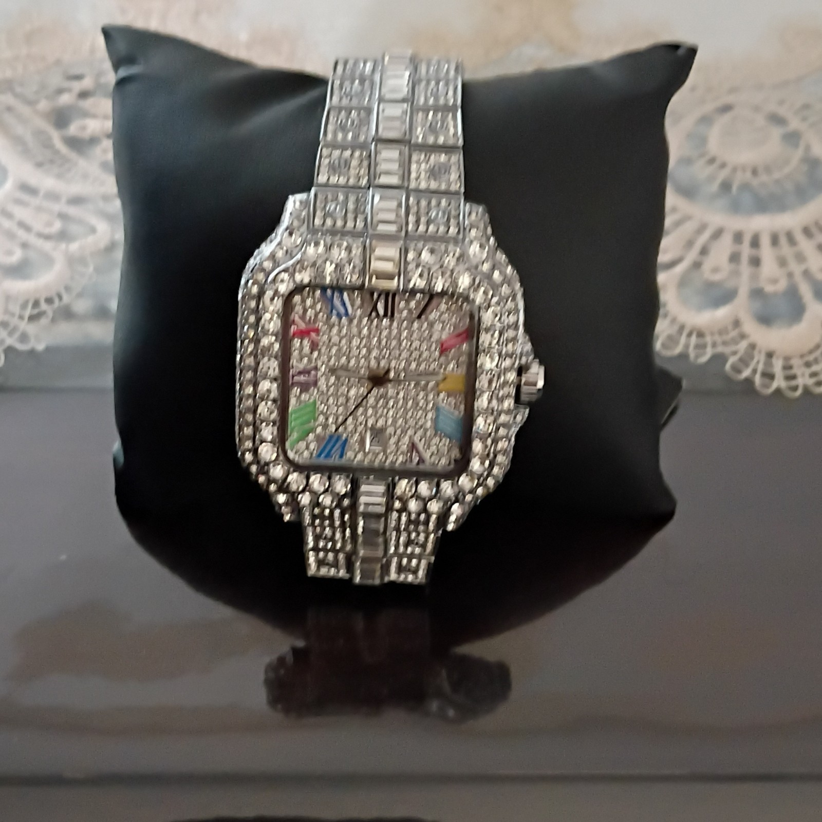 Silver Tone Iced-Out Square Analog Wristwatch Date Roman Numeral Dial
