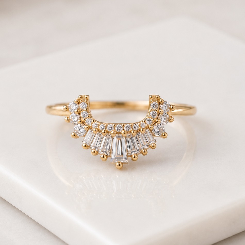 Tapered Baguette Moissanite Curved Band, Art Deco Stacking Ring, Promise Ring