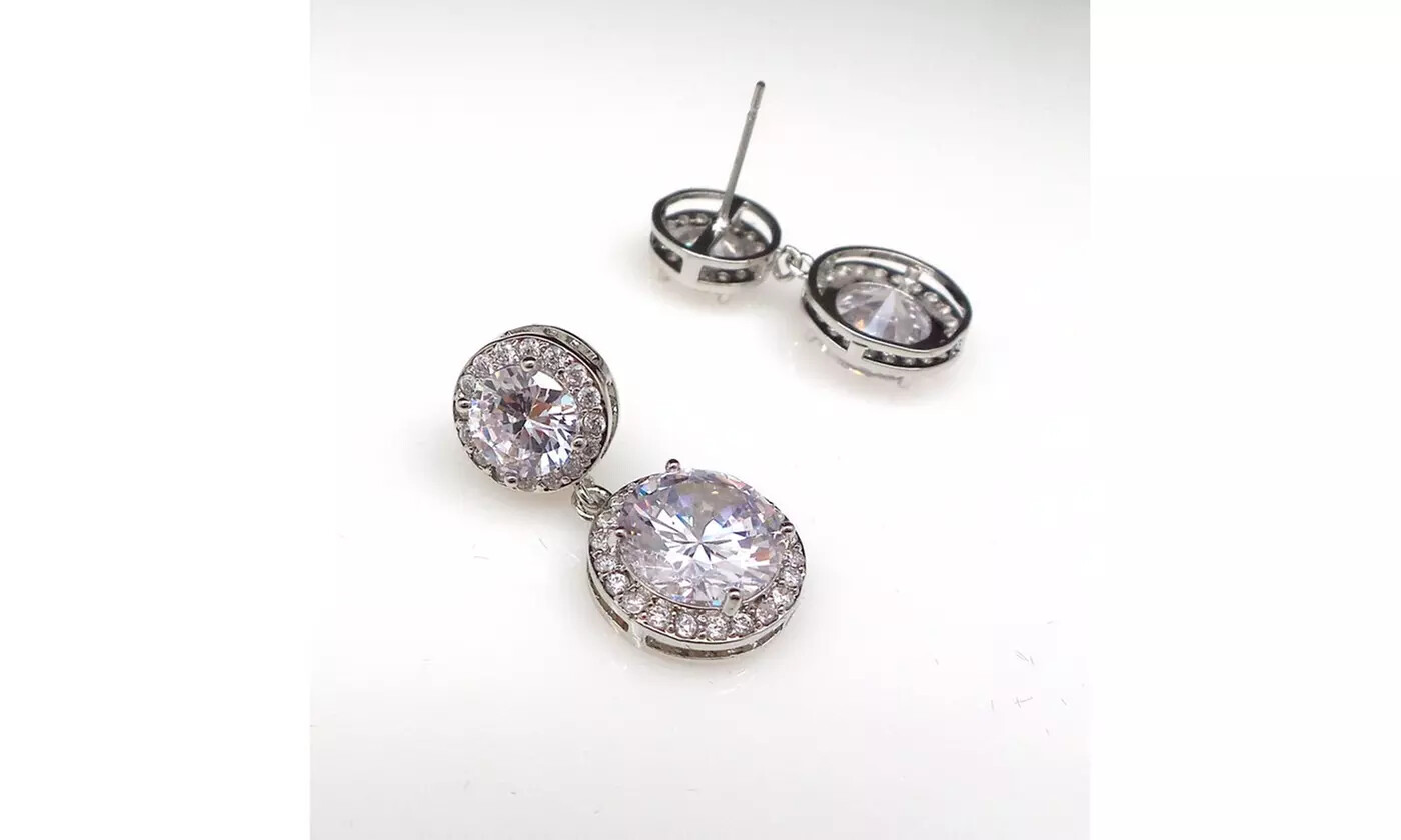 925 Sterling Silver CZ Round Cut Double Halo Drop Stud Earrings For Women