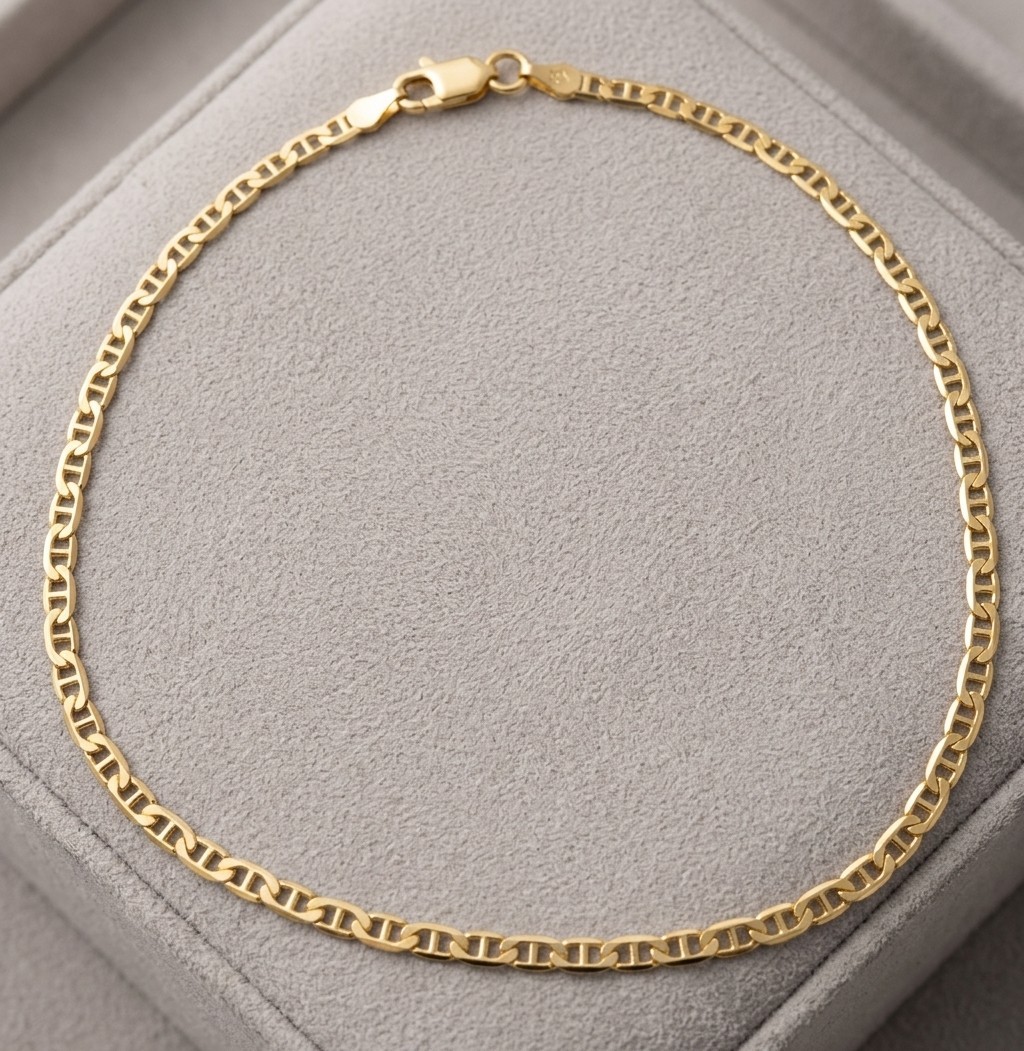 10″ Italian Solid Mariner Ankle Bracelet Anklet 14K Yellow Gold Plated Silver