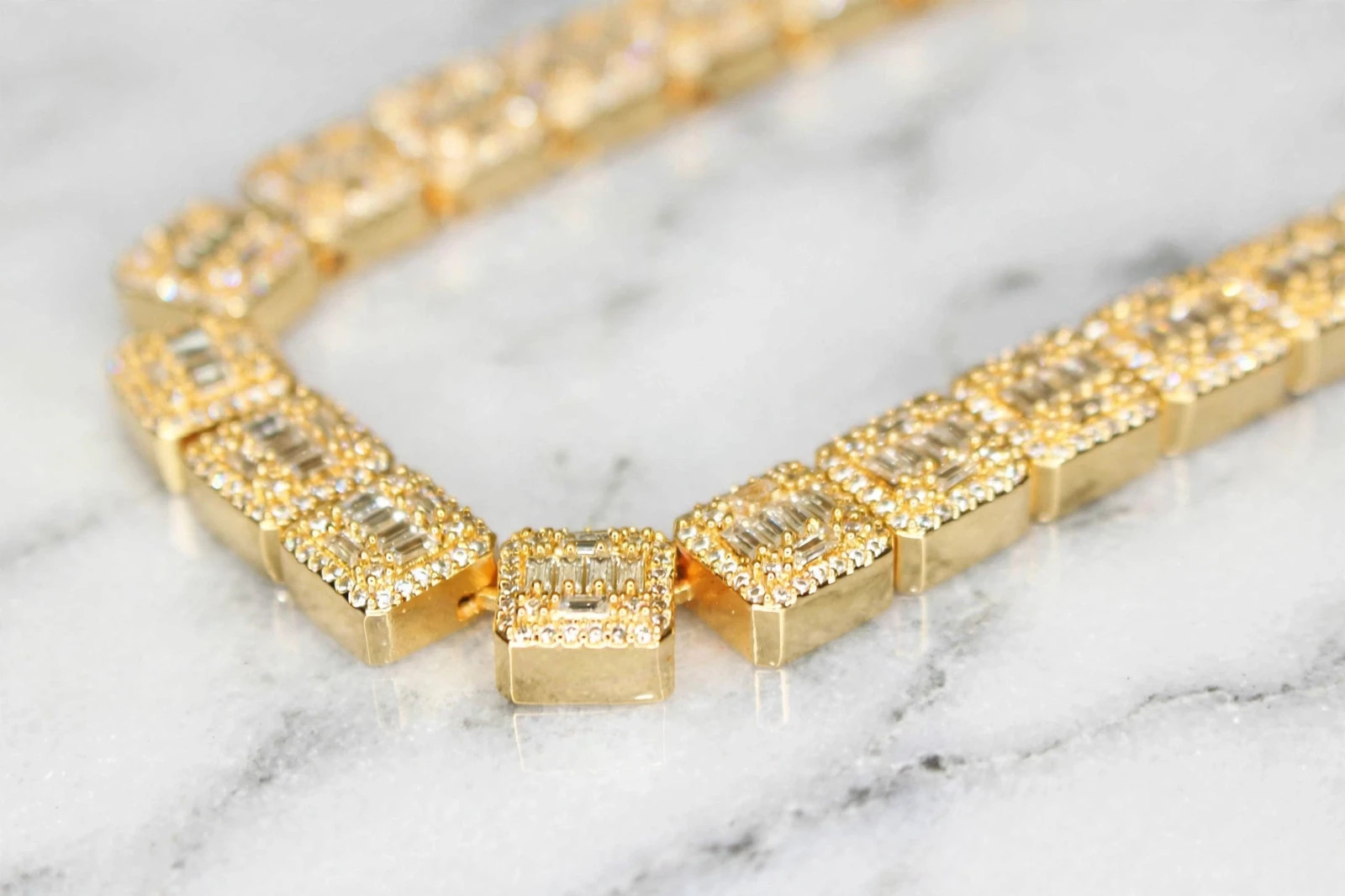 14k STAMPED Gold 10mm BAGUETTE Tennis 124ct Lab Sim Diamond Chain 143g Gold