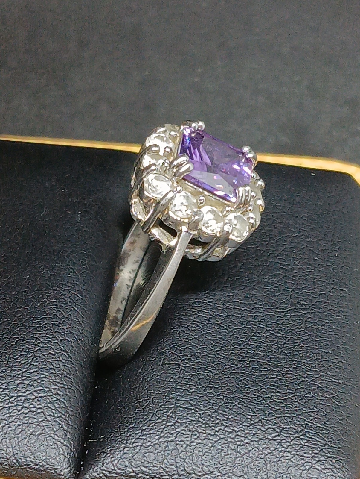 Vintage FAS 925 Sterling Silver Purple CZ Princess Cut Halo Cocktail Ring Size 7