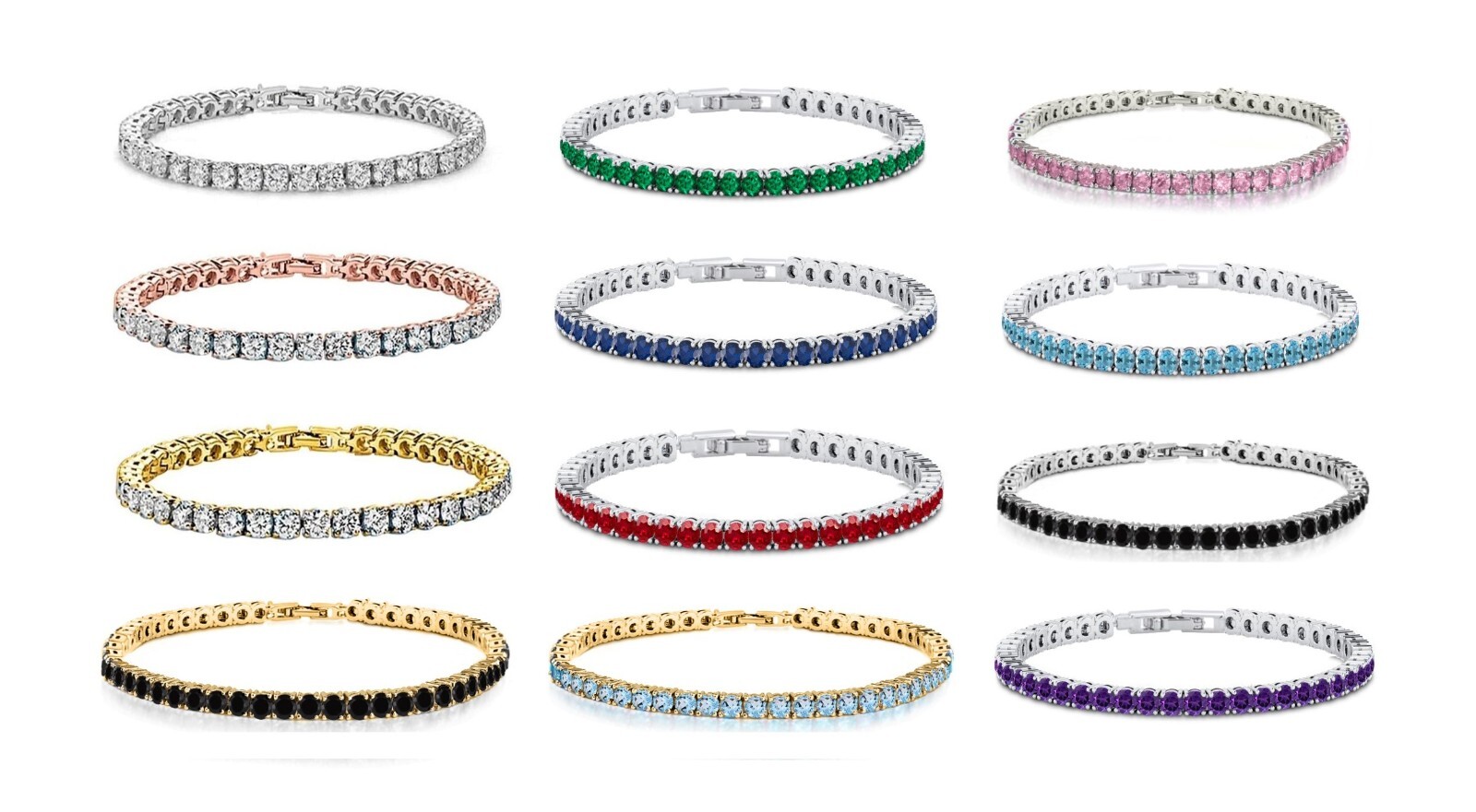 14k White Gold Plated 4MM Round Cut CZ Tennis Chain Bracelet 7.5 Inch All Colors