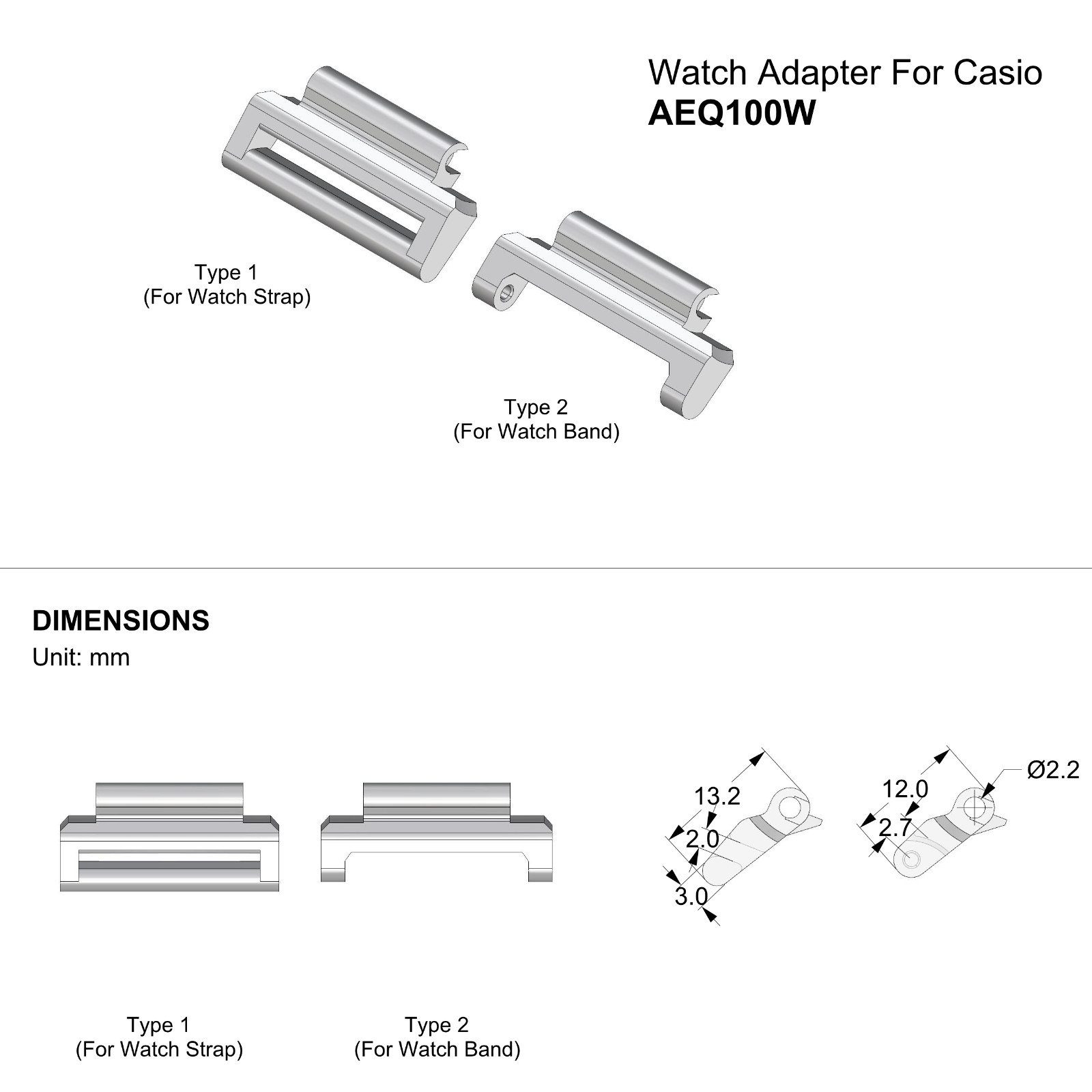 Watch Adapter for Watch Band or Strap Compartible with Casio AEQ-100W
