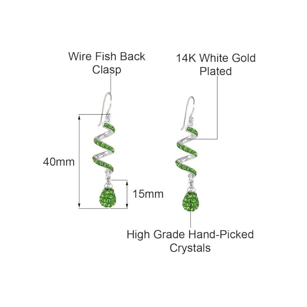 14K White Gold Plated Light green Spiral Shape Crystal Drop Dangle Hook Earrings