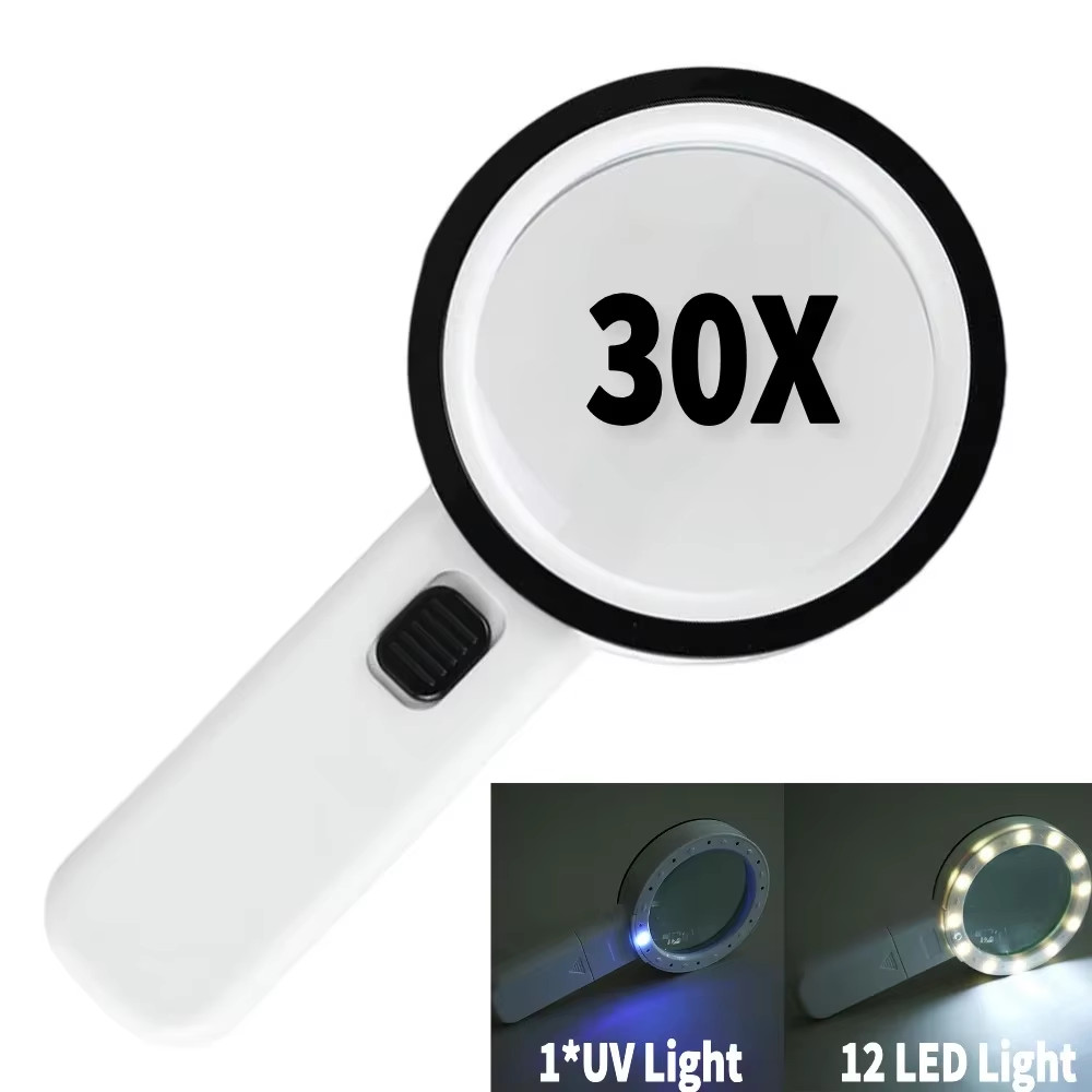 30X Handheld Magnifier 12 LED Illuminated Light with UV Light Portable Magnify