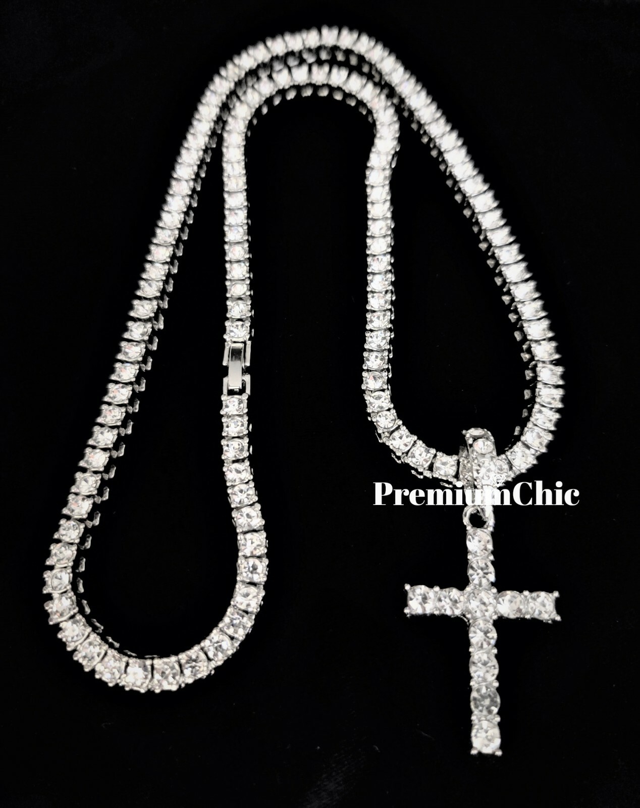 3pc Set, Tennis Choker, Rope Chain, Cross Pendant Mens Plated Hip Hop CZ Jewelry